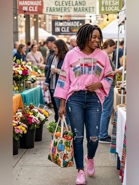BLUE VELVET HOODIE IN SIZE XL, MULTI PRINT PATCHWORK PINK RUNS OVERSIZED .